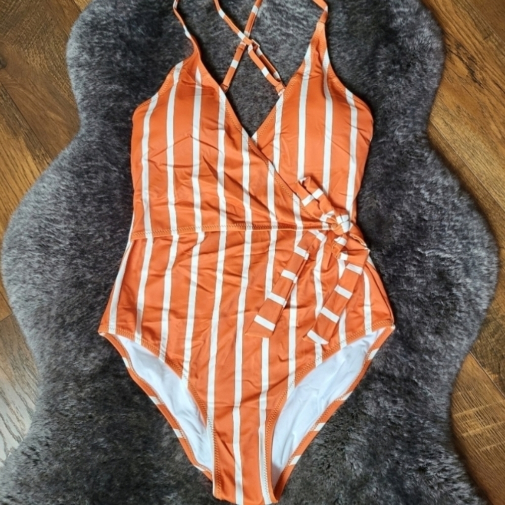 New Orange Stripped Wrap Onepiece Women's Swimsuit - Picture 6 of 7